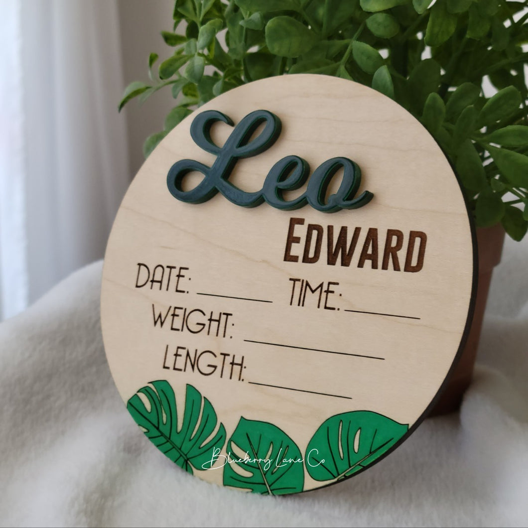 Birth Announcement/Stats Sign - Monstera Leaves