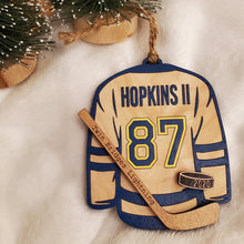 Load image into Gallery viewer, Hockey Sweater + Stick &amp; Puck Ornament Personalized